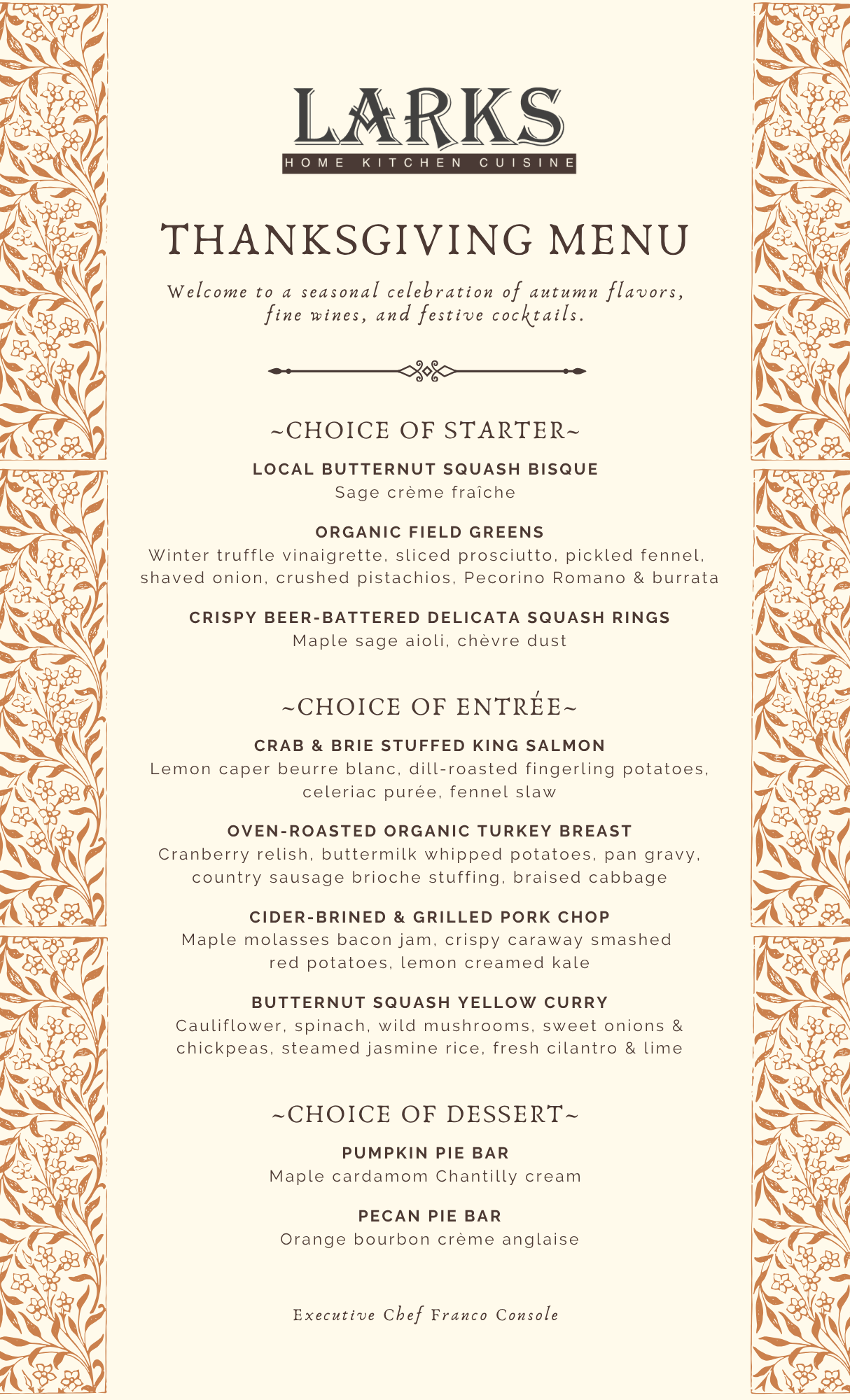 Larks Thanksgiving Menu