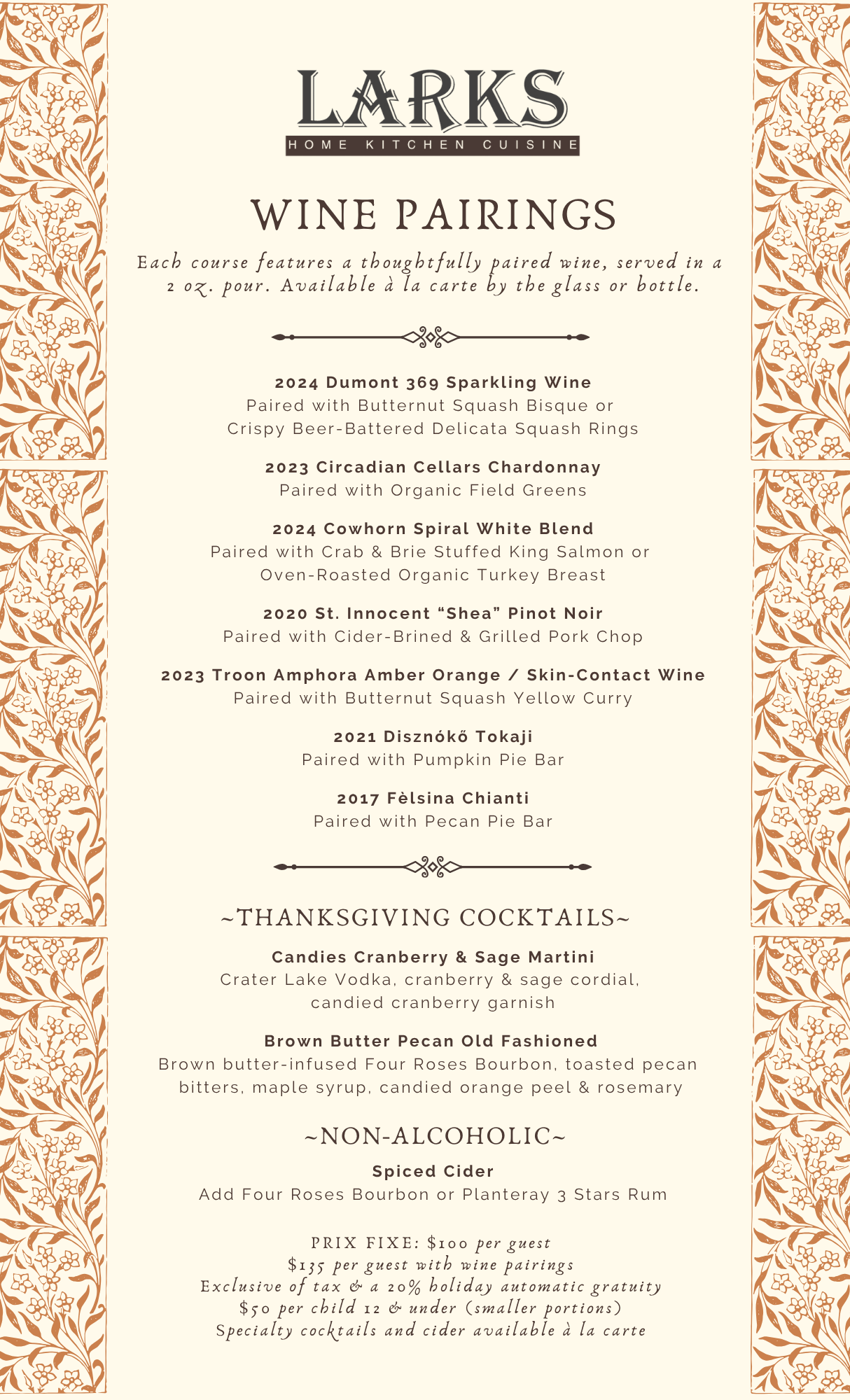 Wine Pairings Thanksgiving Menu 2026